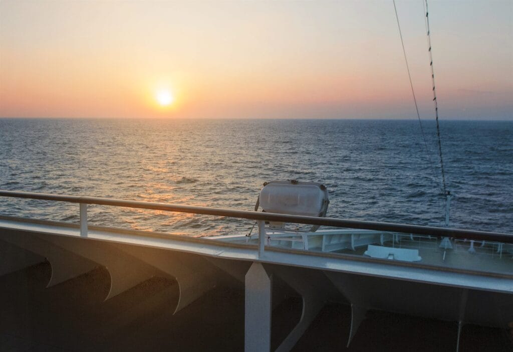 Morning sea view from the deck of a small cruise ship