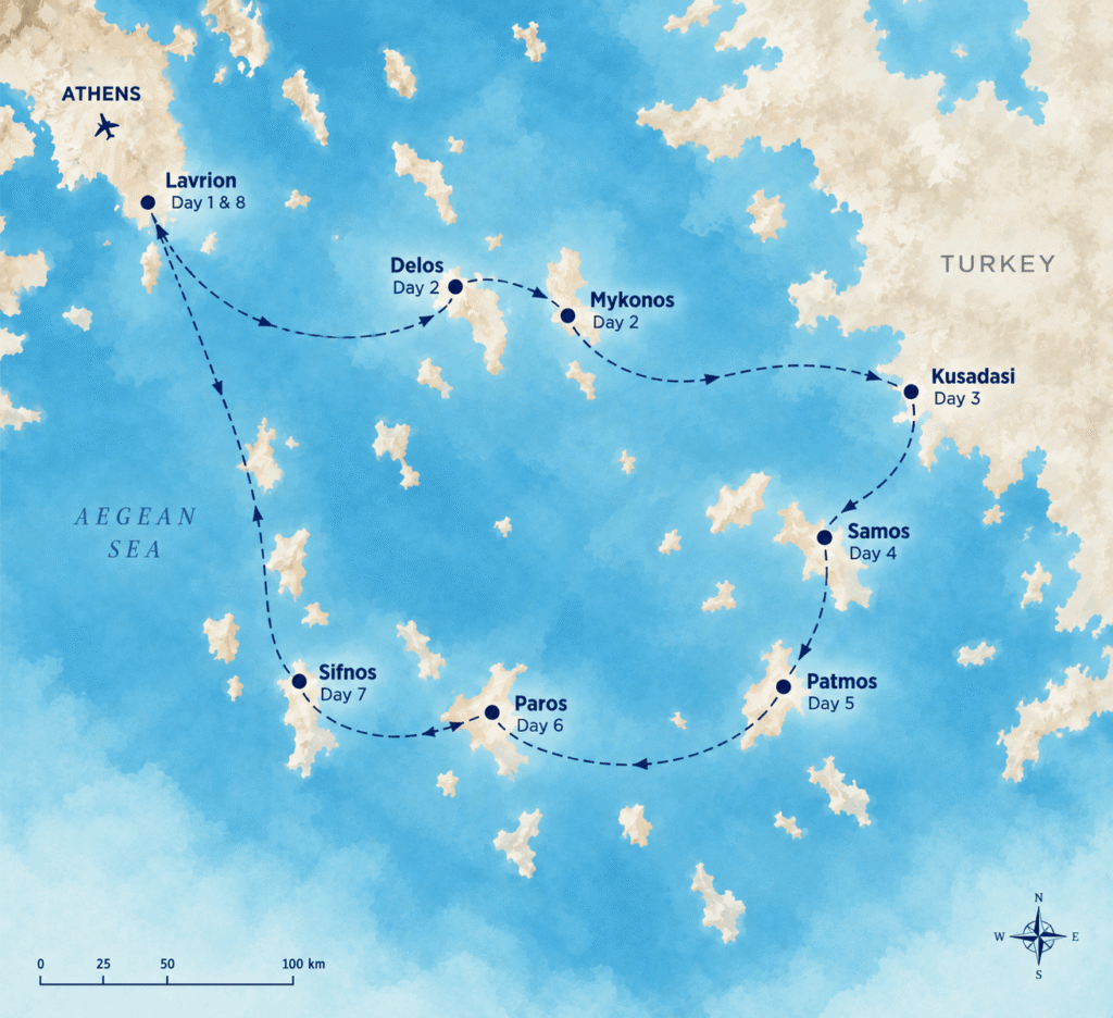 8-day Aegean cruise route map from Lavrion to Delos, Mykonos, Kusadasi, Samos, Patmos, Paros and Sifnos.
