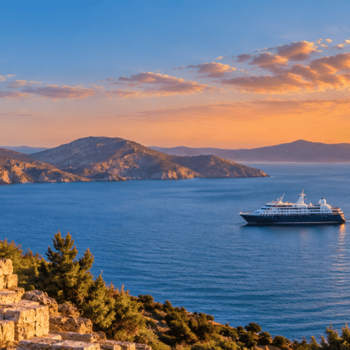 Ancient Greek temple overlooking the Aegean Sea, with islands and a cruise ship at sunset.