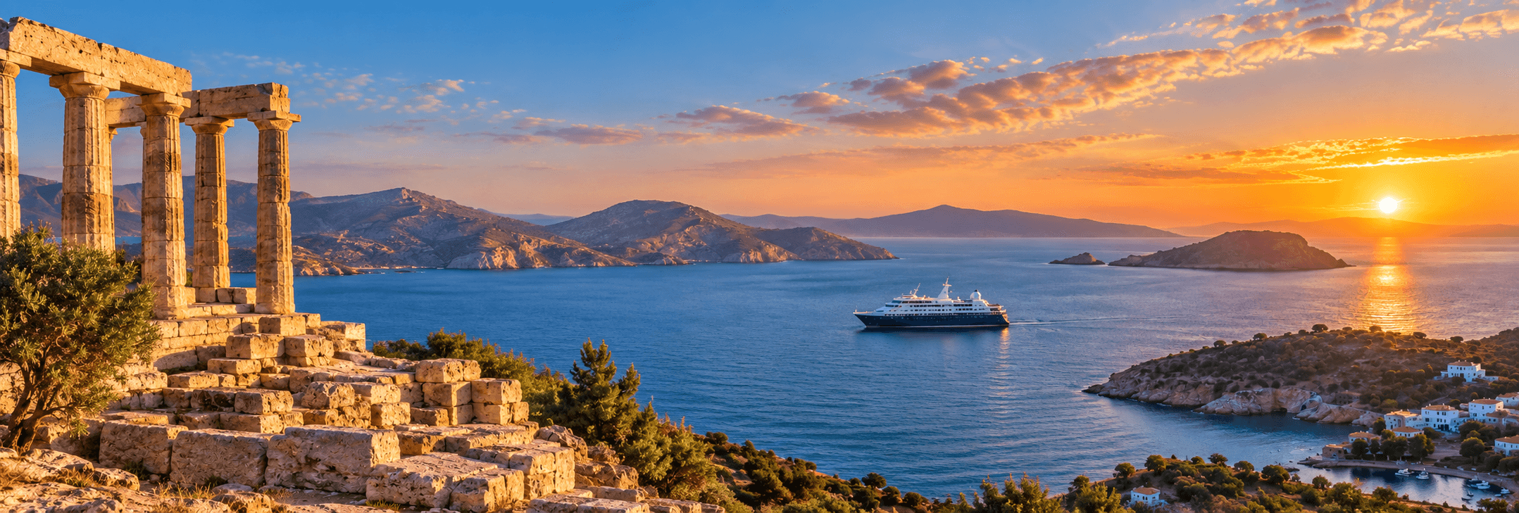 Ancient Greek temple overlooking the Aegean Sea, with islands and a cruise ship at sunset.