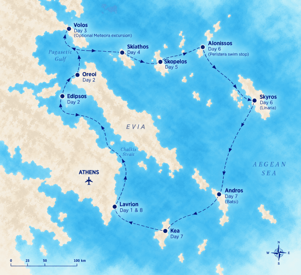 Map of an 8-day sailing route from Lavrion through Evia, the Sporades, Skyros and the Cyclades