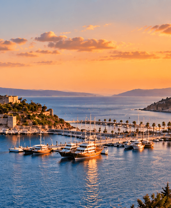 Panoramic sunset view of Kusadasi, Turkey, overlooking the Aegean Sea, marina, coastline and historic ruins.