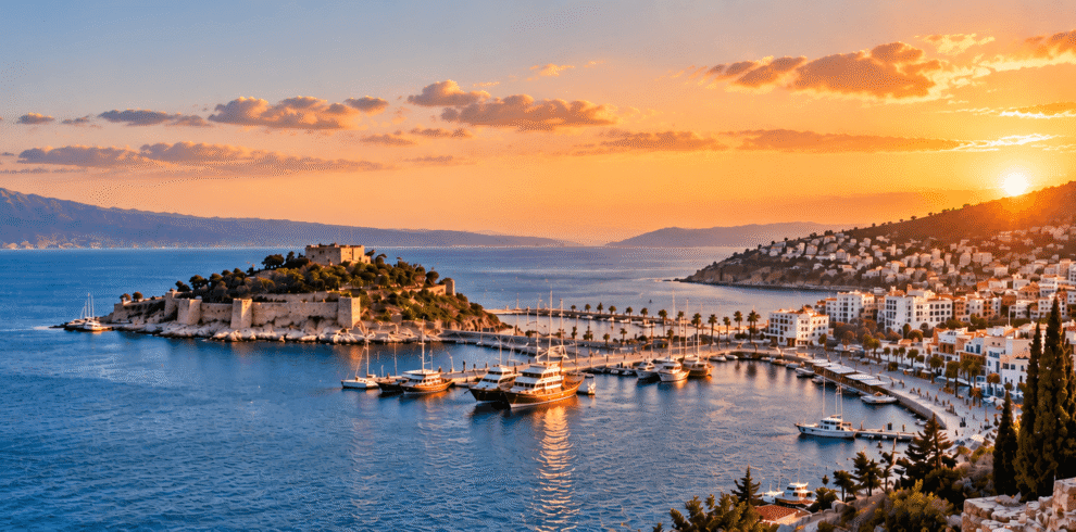 Panoramic sunset view of Kusadasi, Turkey, overlooking the Aegean Sea, marina, coastline and historic ruins.