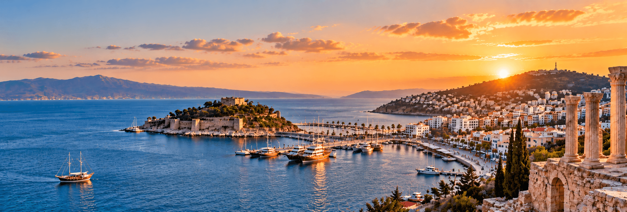 Panoramic sunset view of Kusadasi, Turkey, overlooking the Aegean Sea, marina, coastline and historic ruins.
