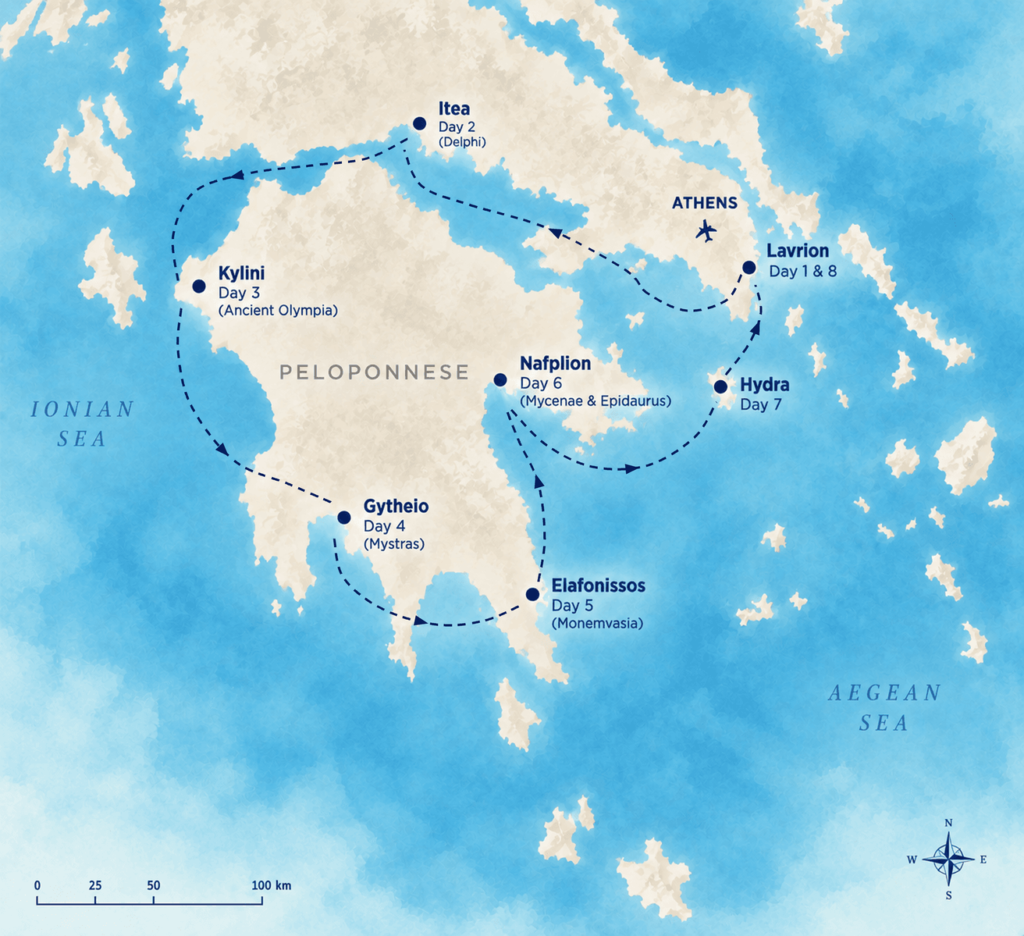 Image Map of an 8-day route around the Peloponnese, starting and ending in Lavrion: Lavrion, Itea (Delphi), Kylini (Ancient Olympia), Gytheio (Mystras), Elafonissos (Monemvasia), Nafplion (Mycenae and Epidaurus), Hydra, and back to Lavrion.